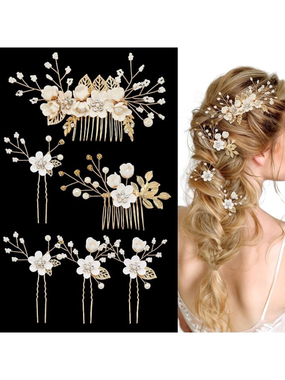 Women's White 6 Pcs French Rhinestone Bridesmaids Floral Bridal Hair Clips